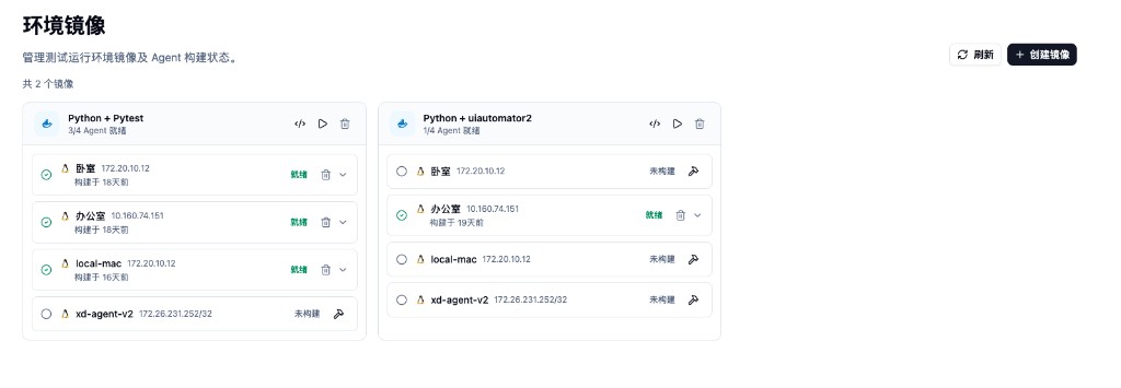 环境镜像：按镜像查看各 Agent 构建状态