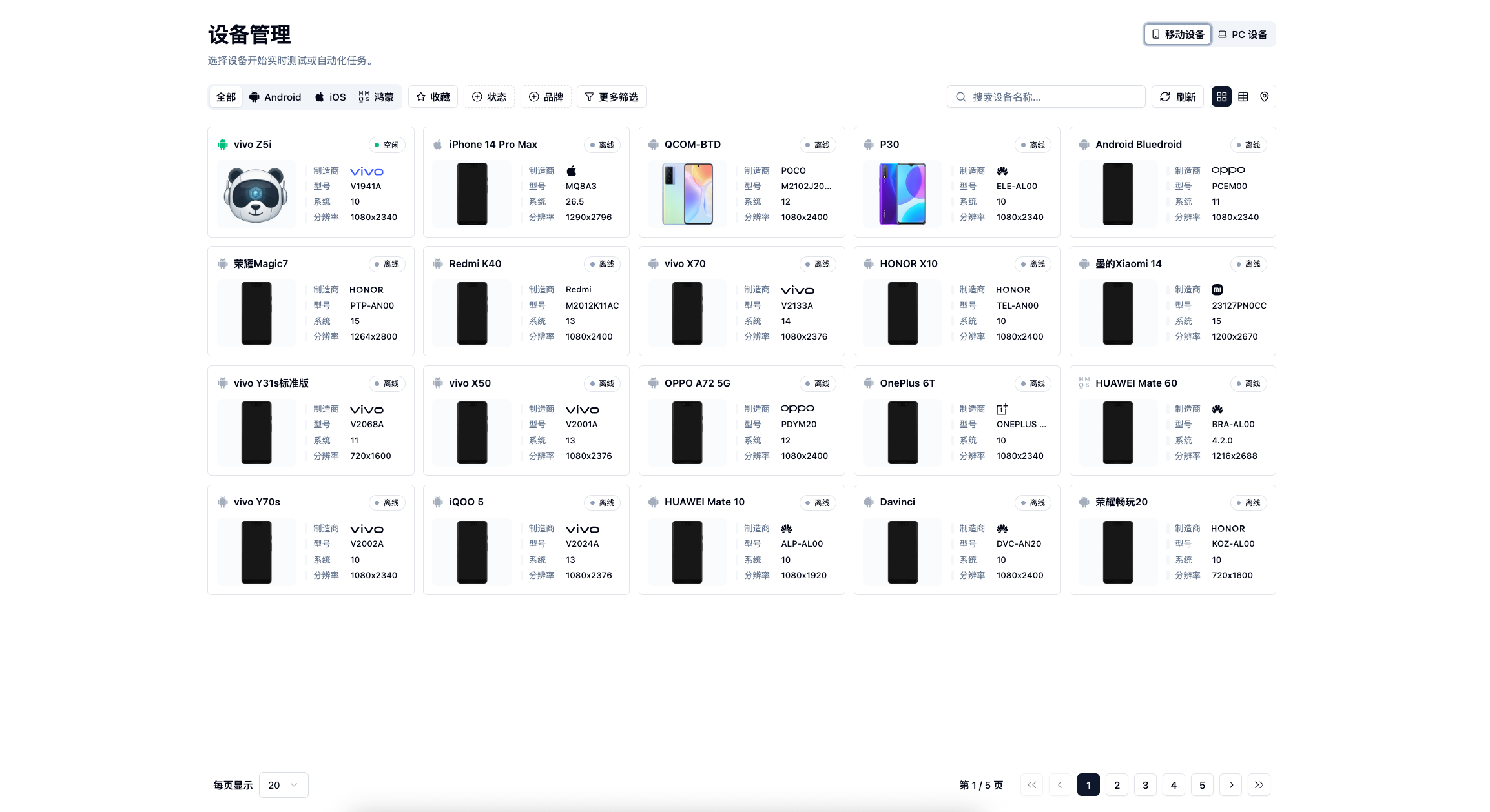 PandaTest 设备管理:移动设备网格视图,支持 Android、iOS、鸿蒙筛选与设备状态展示